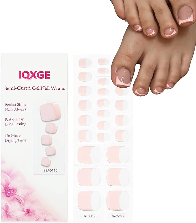26 Pcs Semi Cured Gel Toe Nail Strips Nude French Tip Gel Nail Stickers Full Cover Nails Wraps Clear French Toe Nails Polish Strips Stickers for Women UV/LED Light Required