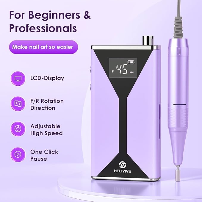 Professional Electric Nail Drill 45000RPM (Portable & Rechargeable) (with 11 Drill Bits ) Cordless Nail File Machine for Shaping, Polishing & Removing Gel Nails for Salon Home(Purple)
