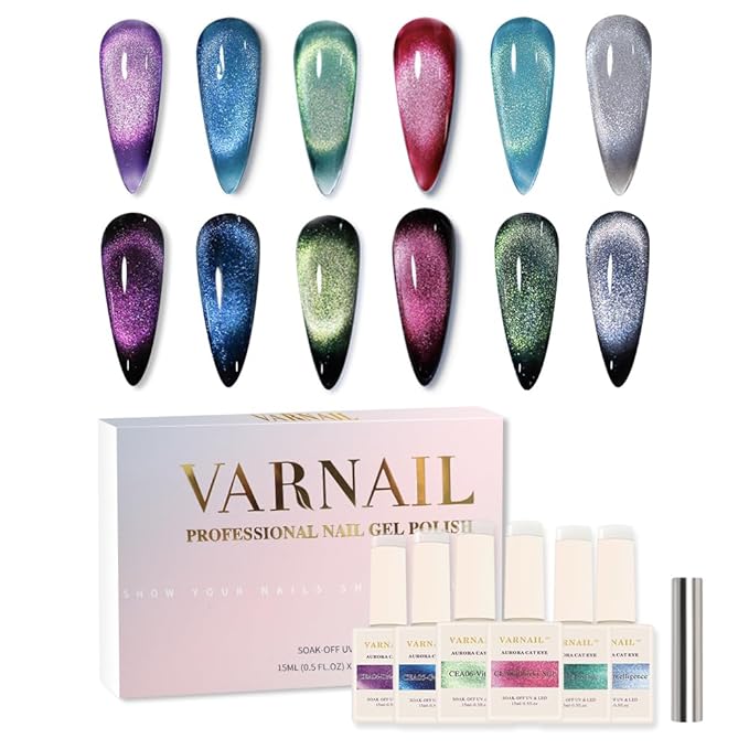 VARNAIL Aurora Cat Eye Gel Polish Set 6 Colors, 15ML Glitter 9D Clear Base Cat Eye Gel Polish with Magnet, Salon Quality Magnetic Soak off UV Gel Nail Polish Set