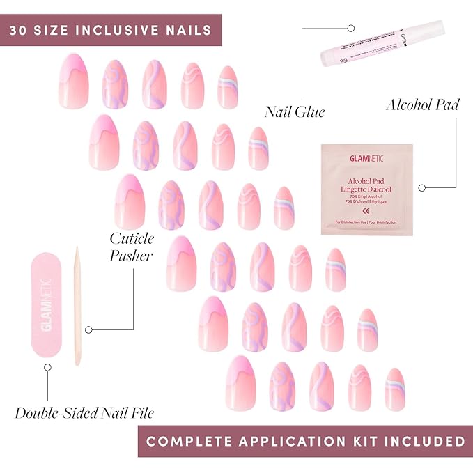 Glamnetic Press On Nails & Brush On Nail Glue Bundle - Wild Card | Semi-Transparent Short Almond Nails with Trendy Pastel Prints | 12 Sizes - 24 Nail Kit with Glue | Reusable, Salon-Quality Fake Nails
