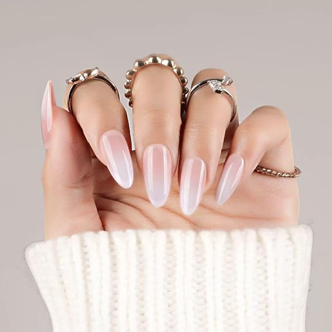 30Pcs Almond Press On Nails - Supremely Fit & Natural Soft Gel Almond Nails,15 Sizes, Reusable Fake Nails Kit with Gift Box for Women (Ombre Pink)