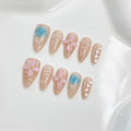 Handmade Press on Nails Medium Almond Thick Nails Nude Fake Nails with Glue,3D Pink Flower Art False Nails with Design Reusable Acrylic Nature Stick on Nail for Wome (Size S)