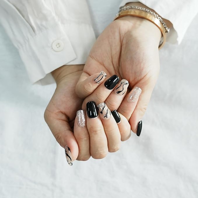 Marble Press on Nails, Handmade Short Coffin Black White 3D Glossy Acrylic Fake Nails Zebra Print with Silver Glitter Effects for Modern Art Nails (Zebra Stripe,M)