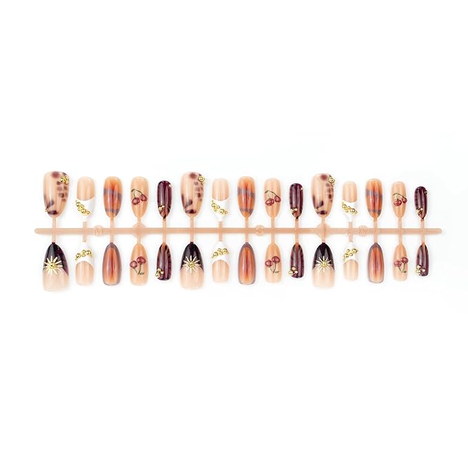 Almond Press on Nails Medium Fake Nails Red Artificial Nail Seeneey Cherry Gold Charm Designs Brown Stick on Nail for Women 24pcs