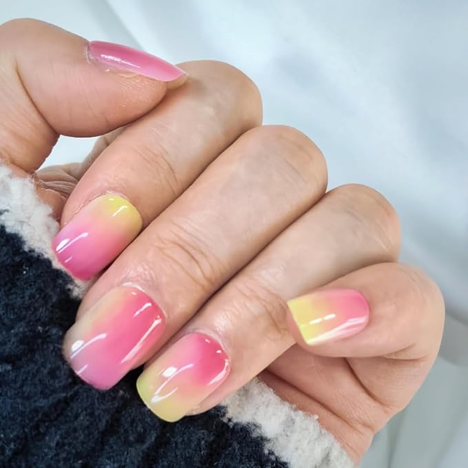 Sweet Grape Press-On Nails - Clear Pink Green Gradient Gel Nail Art, Reusable Adhesive Fake Nails for Women (24pcs)
