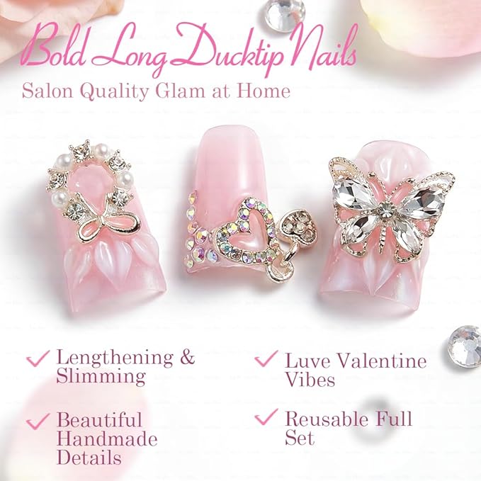 10 Pieces Luxury Acrylic Press On Nails Short Handmade Duck Nails, Pink Thickened False French Nails, 2026 3D Decoration, Rhinestones, Lace Bows And Butterflies, New Years Nails (M)