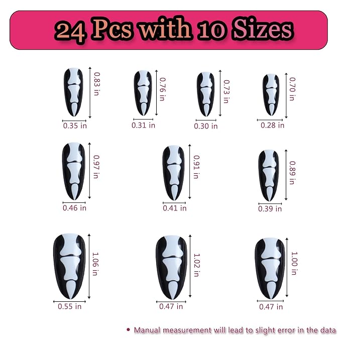 24pcs Halloween Skeleton Bone Medium Almond Press On Nails, Reusable Nail Kit with Adhesive Tabs, 10 Sizes (White)