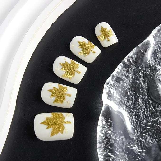 Fall Press on Nails Short Square Fake Nails Gold Maple Leaf False Nails Press ons with Golden Metal Leaf Design-Reusable Artificial Nail Full Cover Stick on Nails for Women Manicure 24Pcs