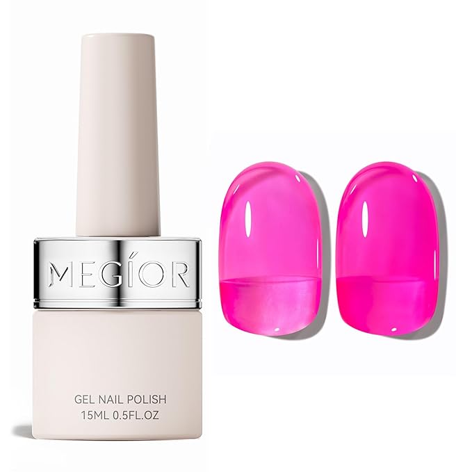 MEGIOR Hot Pink Jelly Gel Nail Polish 0.5 Fl Oz Pink Transparent Colors Soak Off UV LED Lamp Light Cure Gel Polish Kit for Salon and Nail Art Starter Manicure DIY at Home