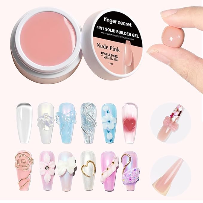 Solid Nail Builder Gel Set, Nudepink & Clear Nail Extension Gel with Nail Art Tools, DIY Non Stick to Hand for Nail Art, Solid Builder Gel for Long Lasting Manicures Nail Enhancement Gel Poly Nail Gel