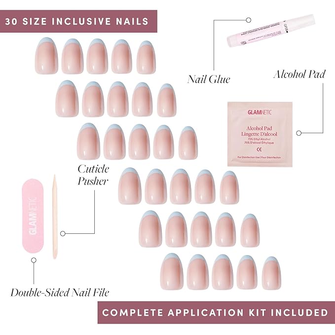 Glamnetic Press On Nails - Into Blue | Glazed Short Oval Fake Nails with Periwinkle French Tips, Salon Quality Summer Nails | 15 Sizes - 30 Nail Kit with Glue