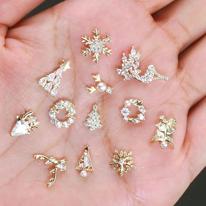 12pcs Christmas Nail Charms,Alloy Chrismas Nail Art Charms Nail Gems Nail Rhinestones Shiny Zircon Snowflake Elk Xmas Tree Chrismas Garland Nail Decor Rhinestones for Nails Jewelry Women Nail Supplies