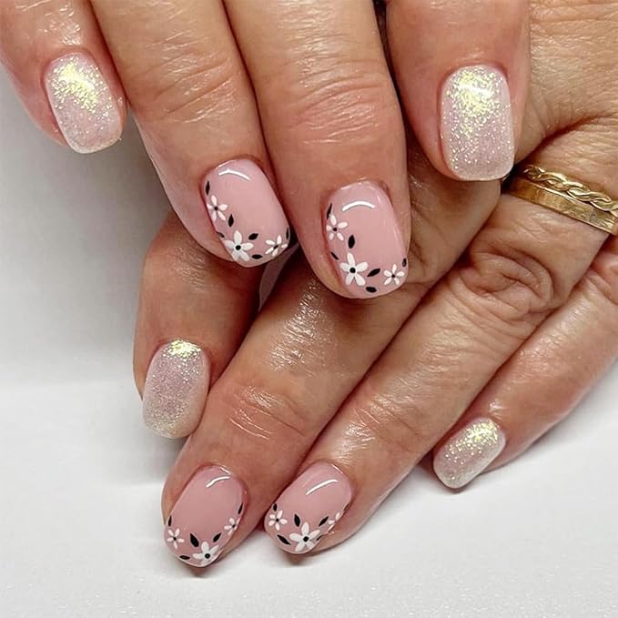 Flower Press on Nails Spring Fake Nails Short Square False Nails Press ons with Floral Designs Pink Acrylic Nails Full Cover Glue on Nails Artificial Stick on Nails for Women Manicure 24Pcs