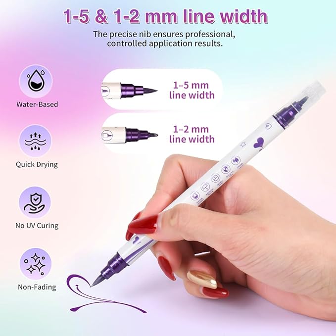10 Colors Metallic Nail Art Pens Set, Professional Dual Tip with Soft Brush & Fine Point, Quick Dry Water-Based Markers for DIY Nail Salon and Beginners