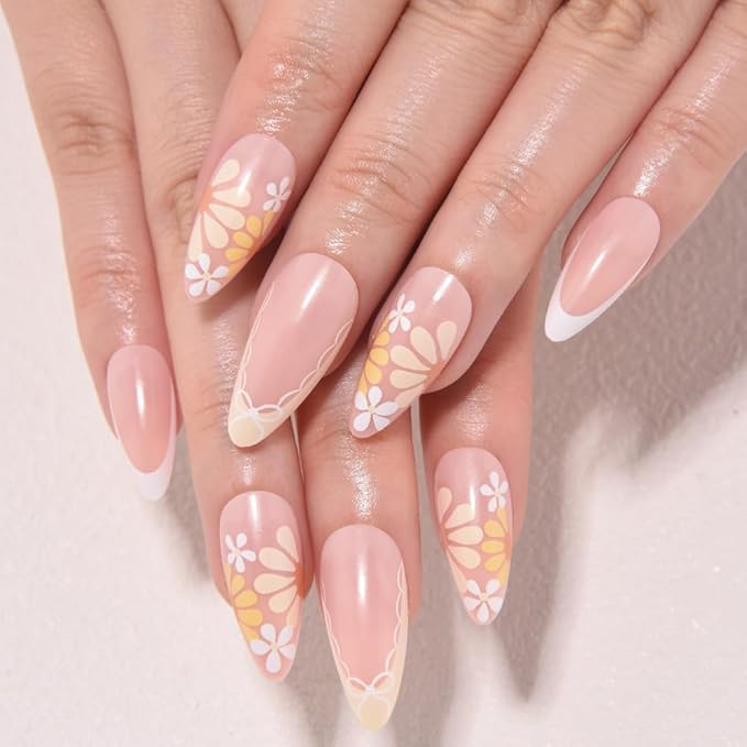 evpct Flower French Tips Press on Nails Short Almond for Women Gift, Nude + Yellow Tips, Glossy Soft Gel Press Stick on Nail with Nail Kit, Supremely Fit Full Cover, Reusable Acrylic Fake Nails Kit