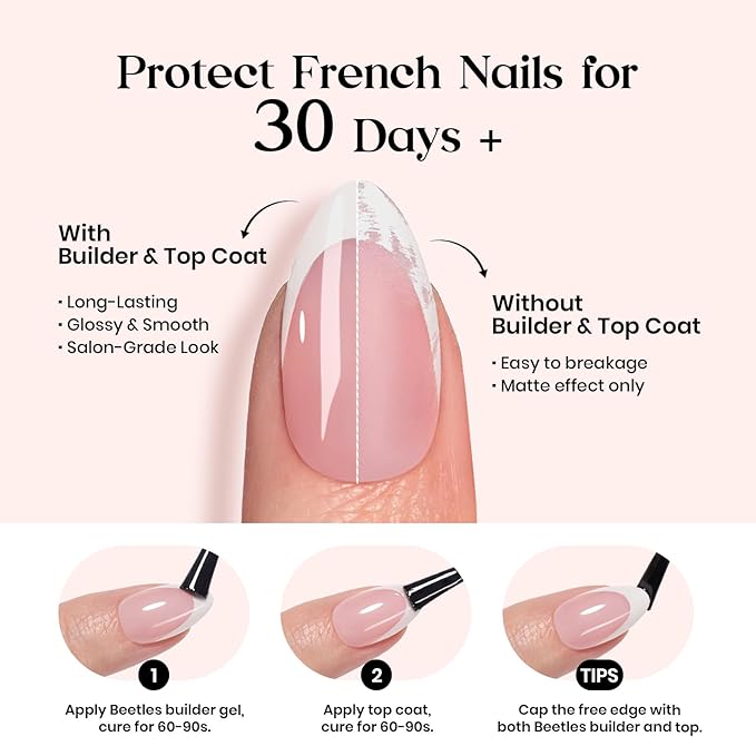 Beetles X Press Plus French Tip Nails - Camellia French | Pink Short Squoval Press On Nails | 16 Sizes 224 Pcs Natural Salon Quality Gel Nail Tips