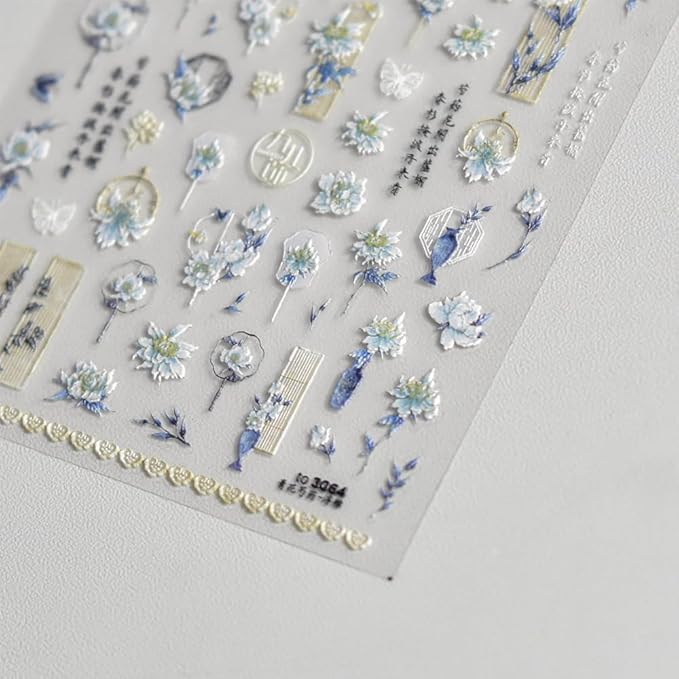 2Sheets 5D Flower Nail Sticker Nail Art Decals for Chinese Antique Style Spring Flowers Manicure Nail Supplies (Flower Two)