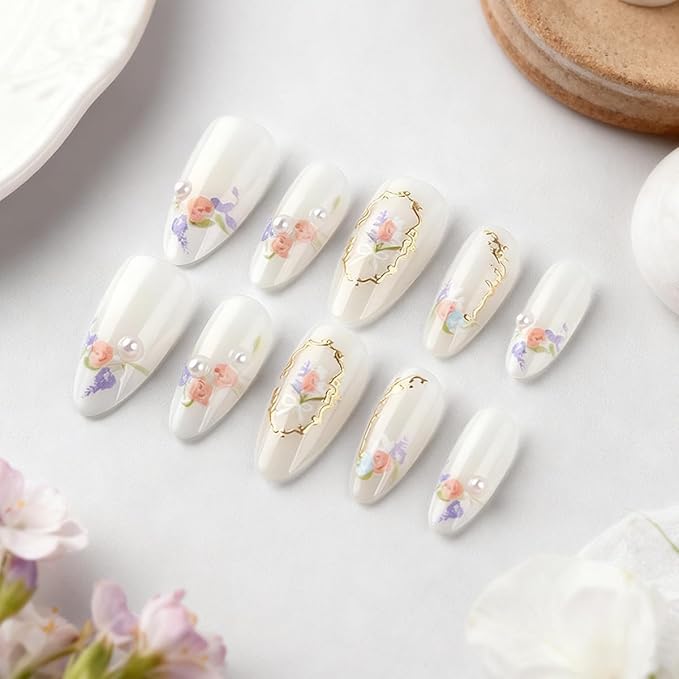 Almond Press on Nails - Short Fake Nails with Flower & Golden Frame Design, White French Tip False Nails, Glossy Acrylic Full Cover Stick on Nails for Women Manicure 30Pcs