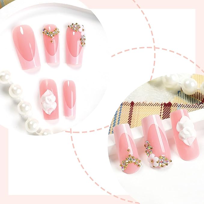 Coffin Press on Nails Long Square Fake Nails Pink French Tip Acrylic Nails with Cute Flower and Rhinestones Designs False Nails Glossy Glue on Nail Full Cover Artificial Nail for Women Girls 24Pcs