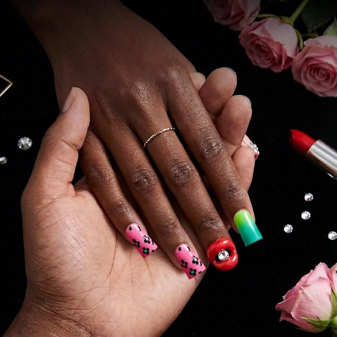 10 Pieces Luxury Acrylic Press On Nails Short Handmade Duck Nails, Pink Thickened False French Nails, Leopard Print And 3D Red Lips, Reusable Fake Nails, Acrylic Nails (S)