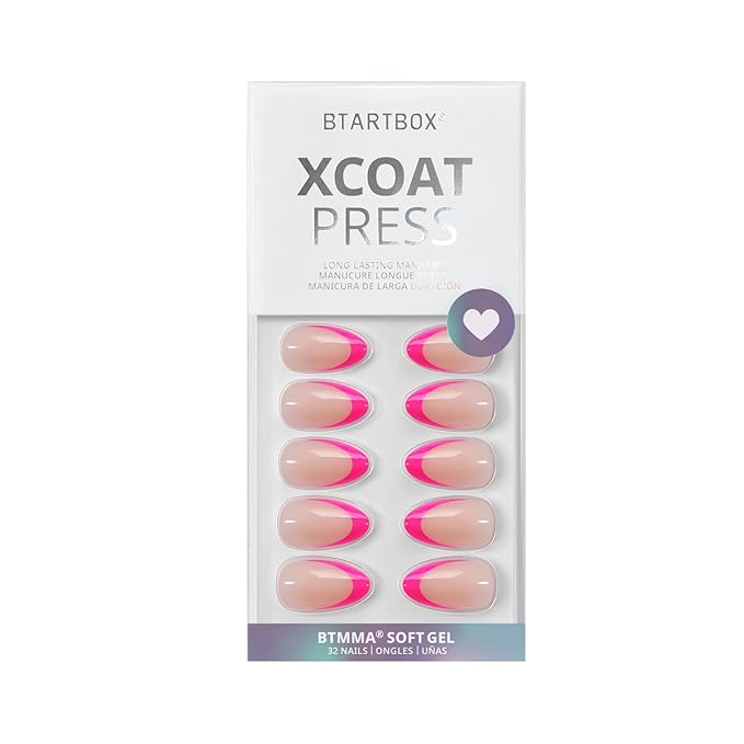 French Tip Press On Nails Almond - BTArtbox Hot Pink Short Stick On Nails for Women, Glue On Nails with Nail Glue in 16 Sizes - 32 Soft Gel Fake Nails Kit, Berry French