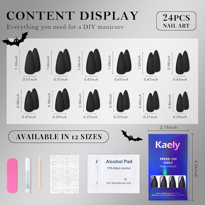 evpct Black Matte Press on Nails Medium Almond, Matte Black Fake Nails False Nail Pure Color with Kit, Salon Quality Soft Gel Stick on Acrylic False Soft Nails Reusable Full Cover for Women Manicure