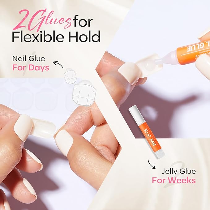 Modelones French Tip Press on Nails Almond, Short Almond Fake Nails, Semi-Transparent Soft Nail Kit with Nail Glue Adhesive Tabs Nail File, Spring Nails Press Ons 30Pcs 15 Sizes, Shell Pearl