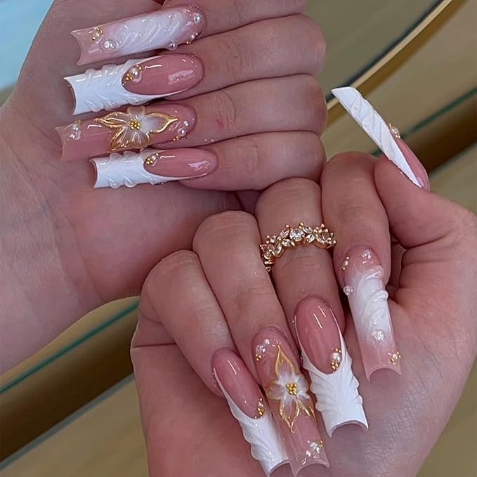 Long Square Press on Nails, Gold Embossed Flowers Acrylic Press on Nails with Cute Pearl Charms Designs，Long Press on Nail for Women 24pcs