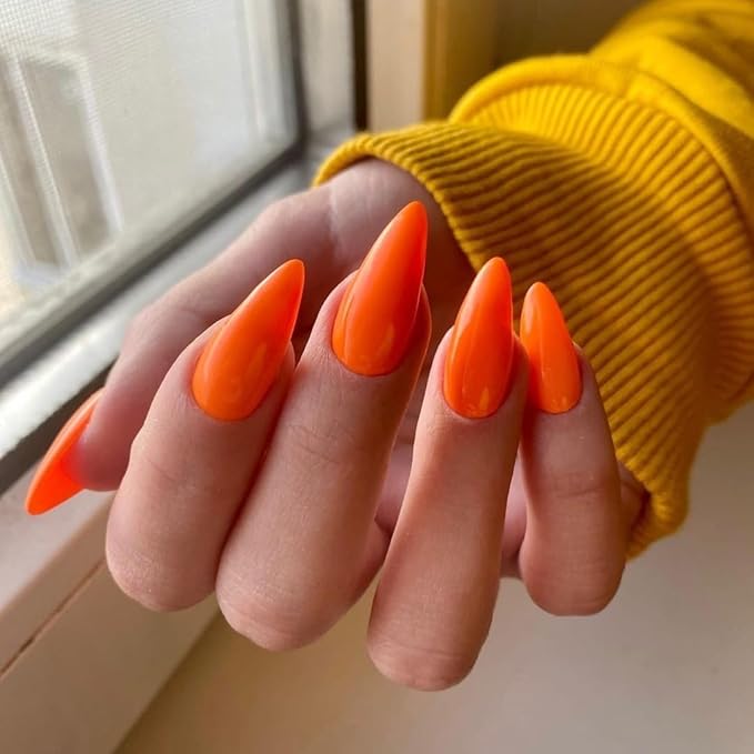 Orange Press on Nails Almond Shaped Medium Length Neutral Acrylic Reusable Fake Nails for Women Girls, Glue on Stiletto False Soft Gel Artificial Nails
