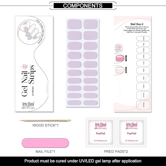 Arte Clavo Semi Cured Gel Nail Strips, 20 Pcs Gel Nail Stickers with UV Light Required, Salon Quality, Long Lasting, Easy Apply and Remove (Light Purple)