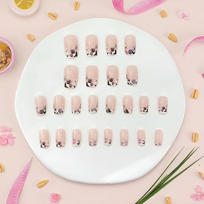 Flower Fake Nails Medium Square Press on Nails French Tip False Nails Glossy Full Cover Nails Press Ons Colorful Flower Stick on Nail Spring Glue on Nail for Women Decorations Set 24Pcss