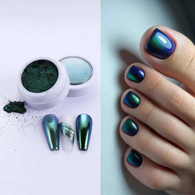 Chameleon Nail Glitter Powder Set – 4 Colors Holographic Chrome Powder for Nails, High-Gloss Color-Shifting Pigment with Brush – Nail Art Decoration for Carnival, Cosplay & Holiday Parties