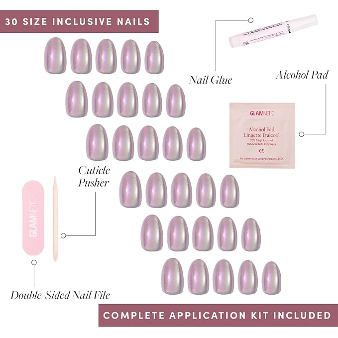 Glamnetic Press On Nails - Oyster Fake Nails | Short Oval Cat Eye Fake Nails with a Velvet Pearlescent Finish, Salon Quality Summer Nails | 15 Sizes - 30 Nail Kit with Glue