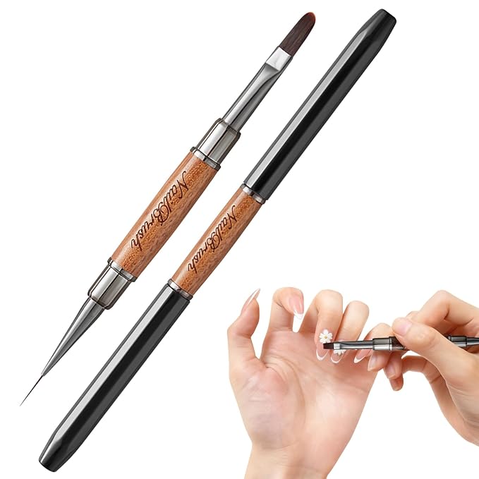 Acrylic Nail Brush,Double-ended Nail Brush French Tip Brush,Nail Art Painting Brush for Long Lines,Thin Details, Fine Drawing,Builder Gel,Polygel (Long-build brush+10mm Line brush)