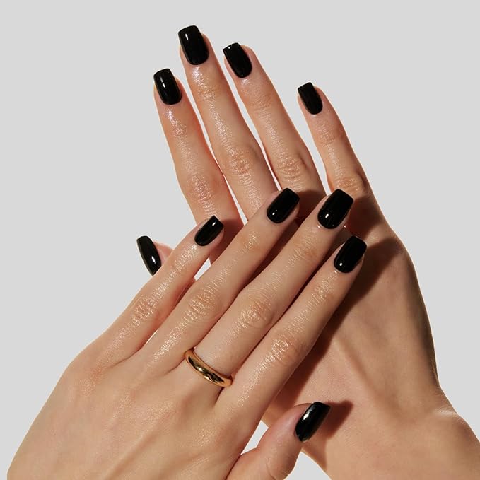 LAMIMOSA 32Pcs Solid Black Press on Nails Short Square - Soft Gel Fake Nails in 16 Sizes, Reusable Solid Color Glue on Nails Kit, MIDNIGHT
