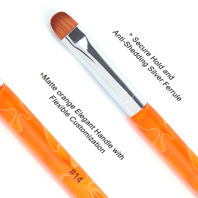 French Manicure Brush -Two Way Nail Art Brush with Dotting Manicure Tool for Manicure Cuticle Clean Up Nail Art Design- Professional Nail Salon Quality Brush, Nail Dotting Pen (14#, Orange)