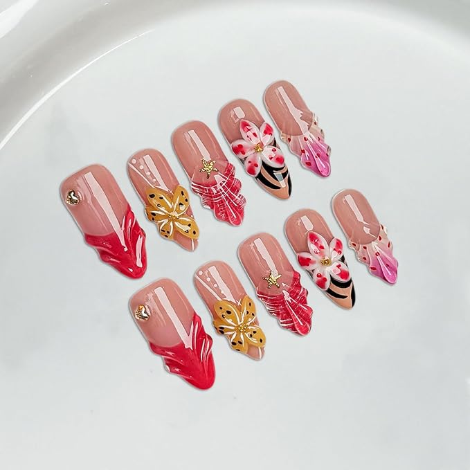 Flower Press on Nails Handmade Long Almond Muti-Layer Gel French Fake Nails 3D Waterdrop Pattern Floral Embossed Design Golden Stars and Hearts False Nails Luxury Acrylic Nail for Women (Size M)