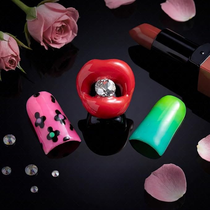 10 Pieces Luxury Acrylic Press On Nails Short Handmade Duck Nails, Pink Thickened False French Nails, Leopard Print And 3D Red Lips, Reusable Fake Nails, Acrylic Nails (M)