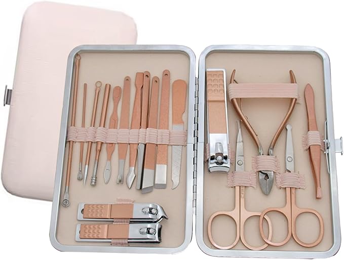 Manicure Set - Luxurious Leather Travel Case with Complete Stainless Steel Nail Clippers and Care Tools - Portable 18-Piece Nail Kit (Pink)