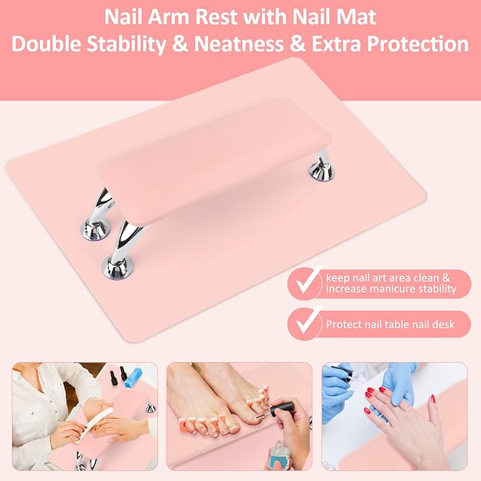 Nail Arm Rest for Acrylic Nails with Nail Table Mat, Microfiber Leather Nail Hand Rest Cushion for Nails, Soft Hand Pillow Footstool with Foldable Nail Art Hand Rest Pad for Nail Tech Use (Pink)