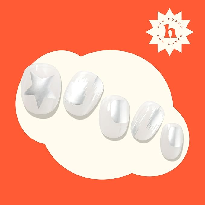 Heyhae Semi Cured Gel Nail Strips | No LED Lamp Needed | Glitter, White, Spring | Easy Apply & Remove, Salon Quality |Includes 28 Strips, 1 Prep Pads, Nail File & Wooden stick - Hey, Lunch & Pictures?