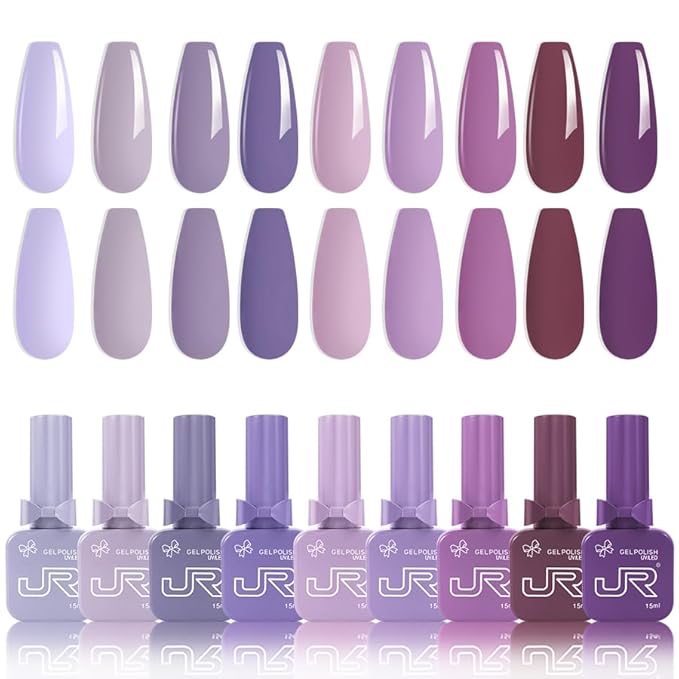 JR 9pcs 15ml Nail Gel Polish Set Purple Gel Polish Kit UV LED Soak Off Polish Home DIY Nail Art Gift H