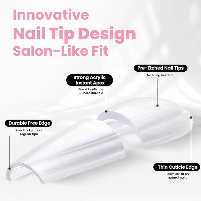 Beetles Tipex Pre-Building Instant Apex Nail Tips Kit – Coffin Medium, 224PCS in 16 Sizes | Pre-Etched, Thick Full Cover Acrylic Tips with Nail Glue, Dehydrator, Primer, Base & Top Coat, Mini UV Lamp