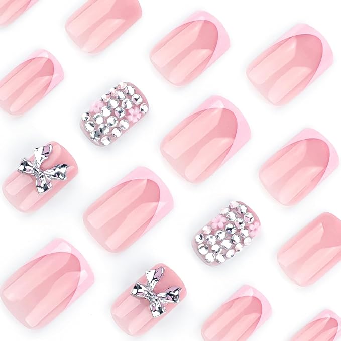 French Tip Press On Nails Short Square Pink Fake Nails False Nails with Designs Rhinestones Gold Bow Charms Flower Glossy Glue On Acrylic Nails 24 Pcs