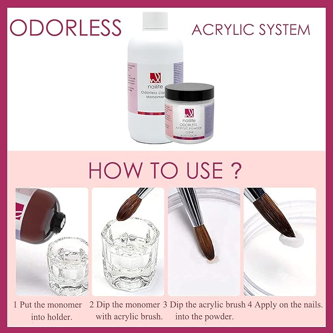 Odorless Liquid Monomer + Pink Acrylic Powder - Professional System for Nail Extension, Non-Yellowing Effect and EMA Formula – Kit 8 Oz.