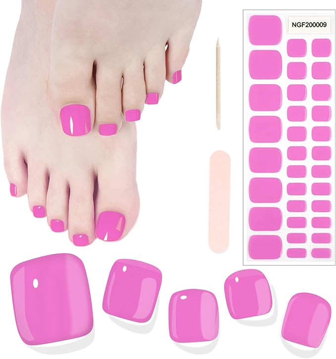 SILPECWEE Semi Cured Gel Nail Strips, Toenails Stickers Full Nail Wraps UV Light Required, Salon Quality, Easy to Apply & Remove, Toenail Strips for Women Girl (Vibrant Magenta - 32PCS)