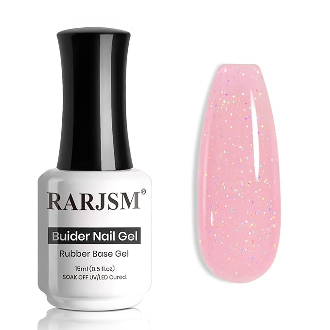 RARJSM Glitter Rubber Base Gel Nail Polish Shimmer Rubber Base for Nails Brush on Quick Extend Builder Hard Gel Soak Off Curing Requires 15ml Salon Home French Manicure(Nude Pink Rainbow)
