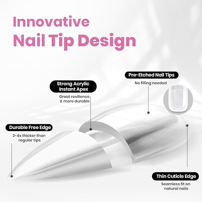 Beetles Tipex Instant Apex Nail Tips, Almond Medium, 16 Sizes (00–14), 192pcs, Built-In Apex, No Builder Gel Required, Thicker Strong Acrylic Tips for DIY Nail Extensions