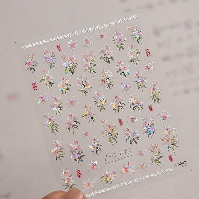 Spring Floral Nail Art Stickers, Blossoms Lily Design with Iridescent Effect, Valentine's Day Decorative Nail Decals (Lily Two)