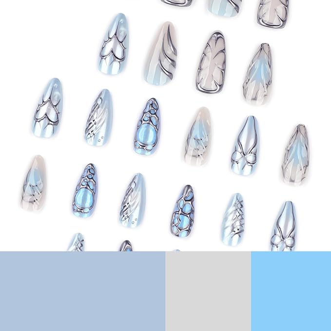 Press on Nails Almond - Blue Fake Nails with Bow Heart Desgin - Y2k, Medium False Nails Press ons - for Women 24 Pcs